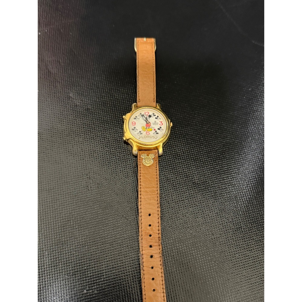 Lorus‎ Disney Mickey Mouse Quartz Gold Tone Watch Brown Leather Band